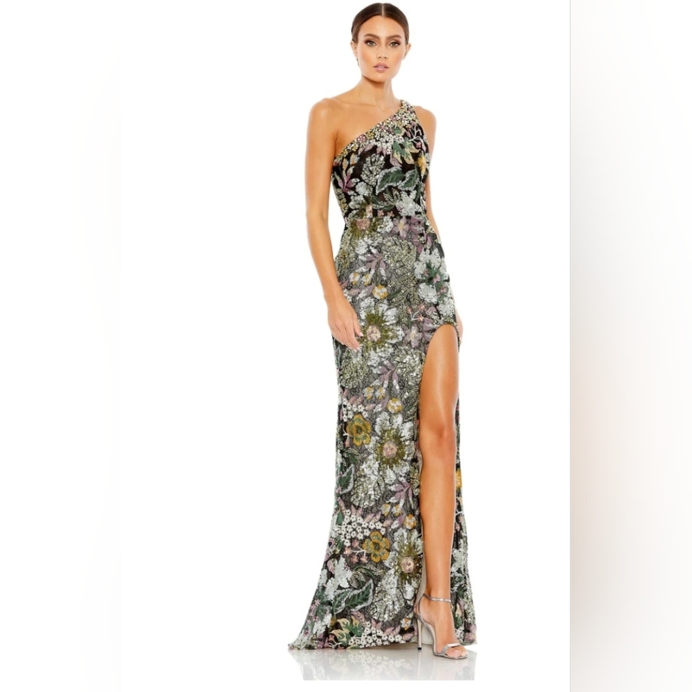 Embellished Floral One Shoulder Gown, Black Multi, Size 0